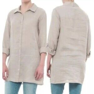 Tahari Linen Tunic Shirt Womens L Button Front Roll Sleeve Light Green Lagenlook